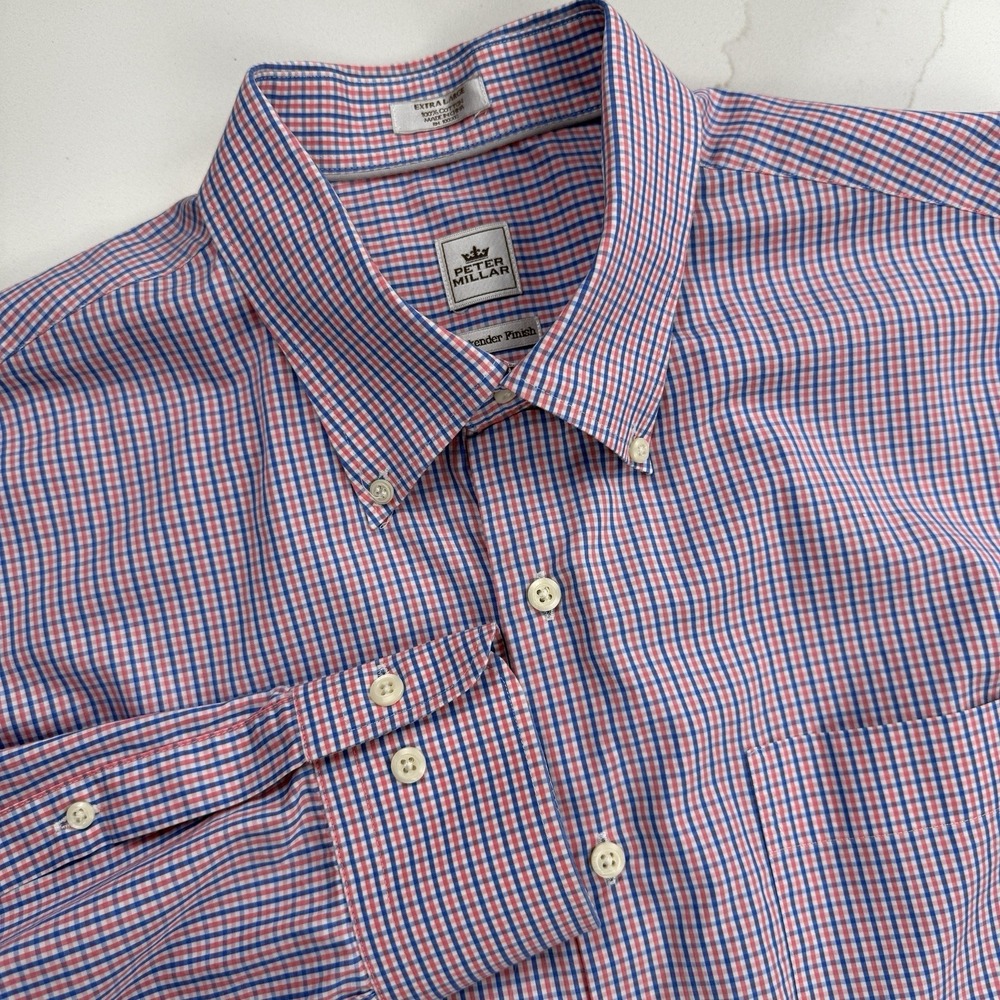 Peter Millar Weekender Finish Button Shirt‎ Mens XL Pink Blue Plaid Preppy